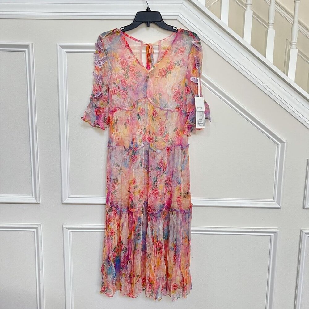 NWT Silk Floral-Print Midi Dress 3D Butterfly - Picture 2 of 10